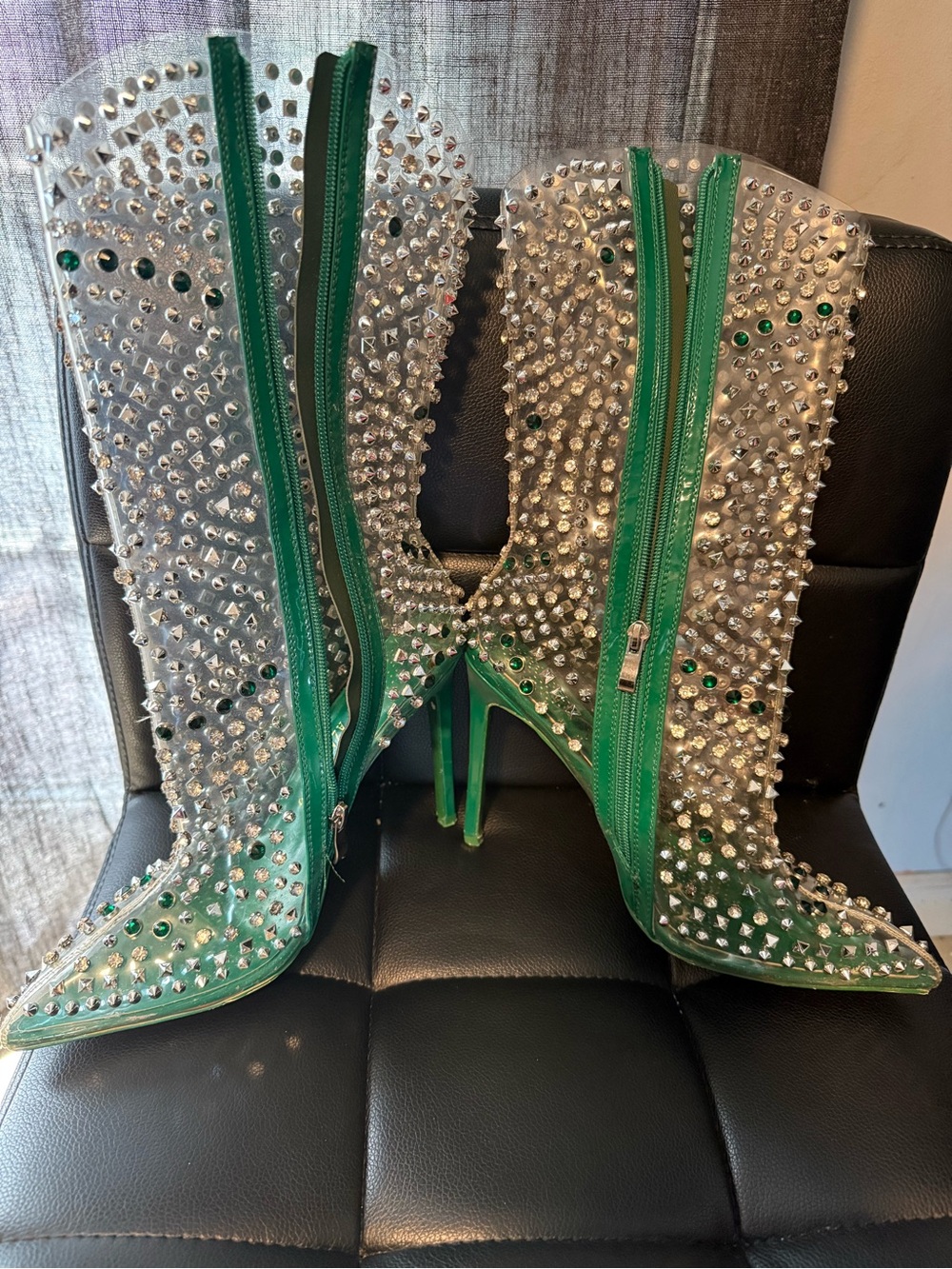 Green Crystal-Embellished Pointed Stiletto Boots - Picture 2 of 3